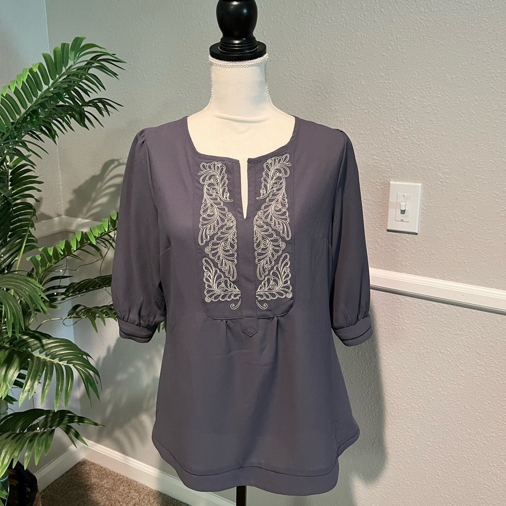 Brixon Ivy Gray Blouse with Silver Embroidery